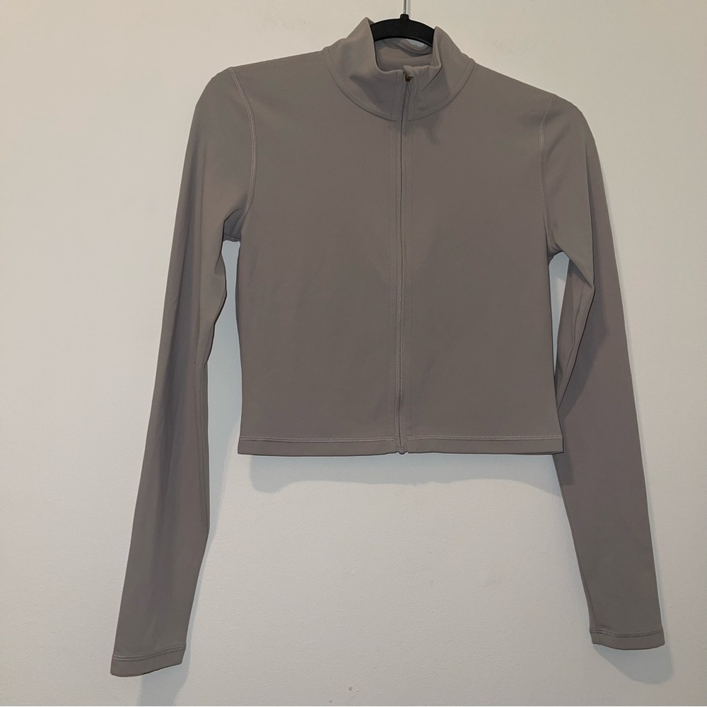 Tan Gray Long Sleeve Mandarin Collar Crop Top